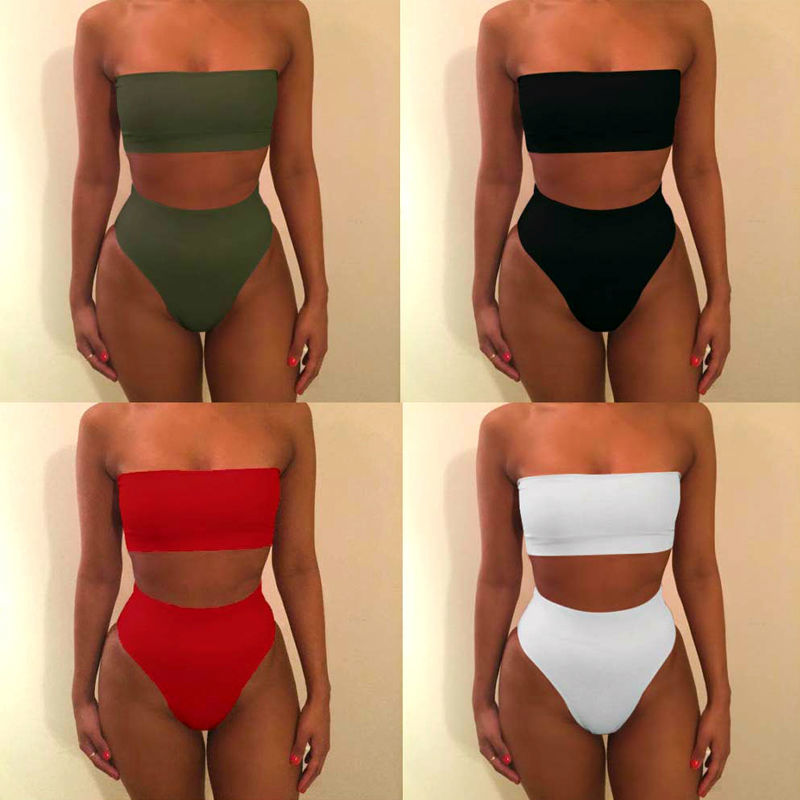 Rivoluchiang 2017 Solid Sexy High Waist Bikini Bandeau Women Plus Size Swimwear Biquinis Feminino Swim Suit Bathing Beach Wear-image-421027257