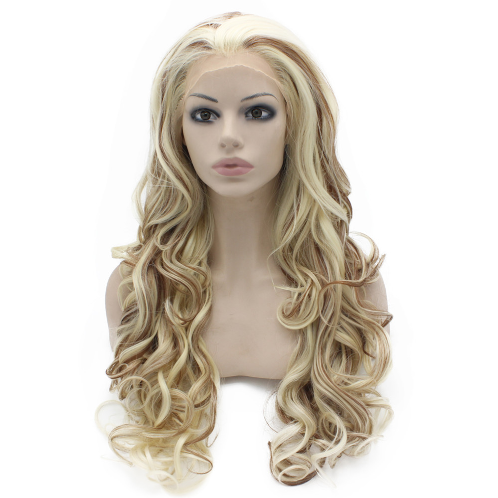 

26" Long #1001/30 White Blonde Mix Auburn Heavy Density Heat Friendly Fiber Front Lace Synthetic Hair Wig, Mix color