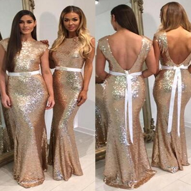 

New Glitter Rose Gold Sequins Bridesmaid Dresses with Belt Cap Sleeves Mermaid Formal Prom Dress Long Bridesmaids Gowns Custom Made