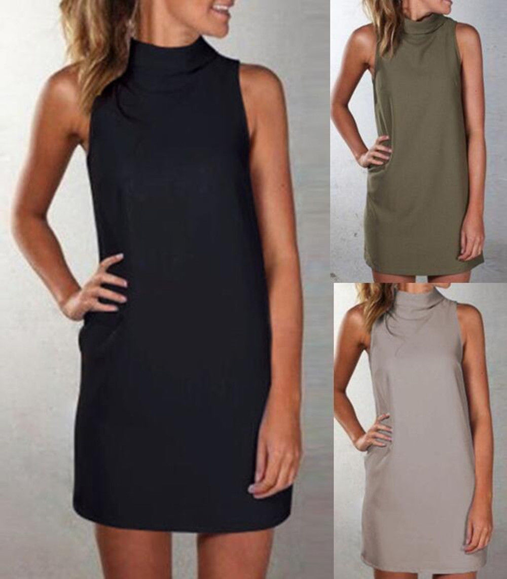 

Plus size Womens Summer High neck Sleeveless Mini Skirt Beach Dress Long shirt, Beige