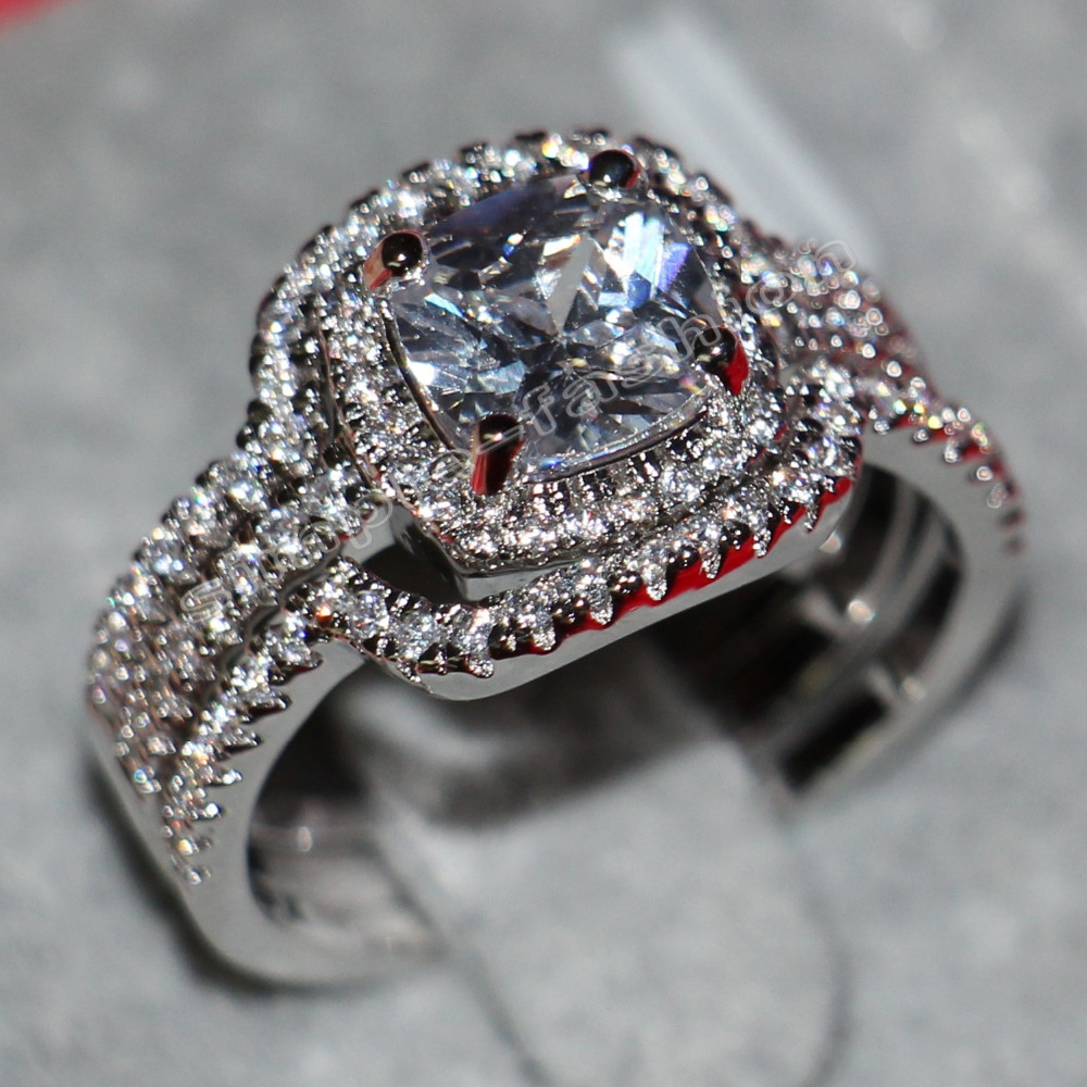 

Fashion Jewelry Handmade Cushion cut 8mm 5A Zircon stone 10KT White Gold Filled Women Engagement Wedding Band Ring Set