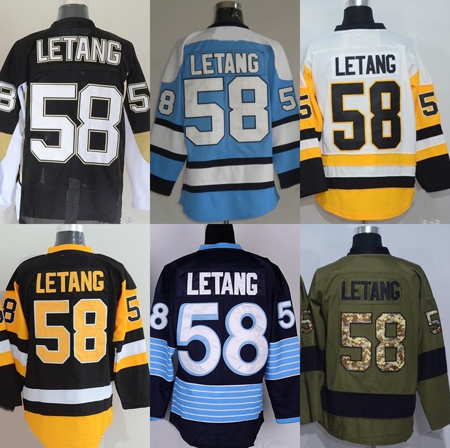 Factory Outlet Men 's # 58 Kris Letang Bleu Vert Noir Jaune Blanc Nouveau Meilleur Qualité maillots de hockey sur glace livraison gratuite