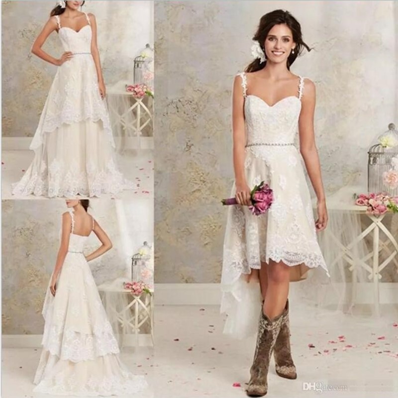 

2019 New Sexy Two Pieces Wedding Dresses Spaghetti Lace A Line Bridal Gowns With Hi-Lo Short Detachable Skirt Country Bohemian Wedding Gown, White