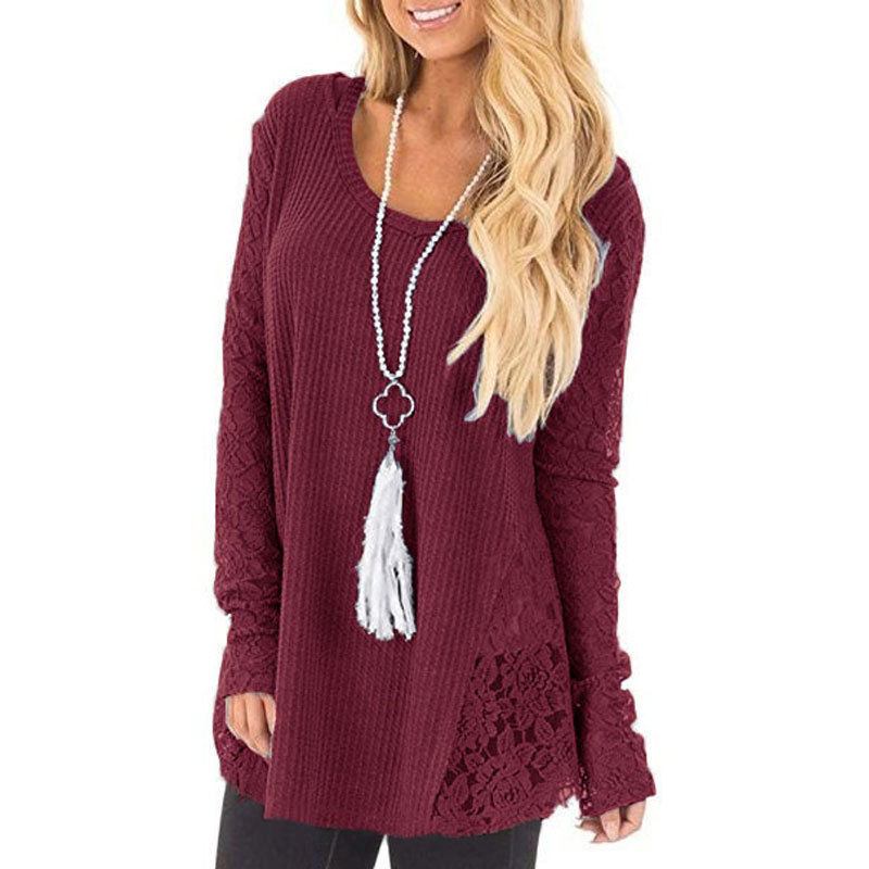 Women's Fashion Long Sleeve Sweater O-Neck Lace Patchwork Casual Loose Cotton Knitted Warm Winter Sweater Outwear Clothes Black
