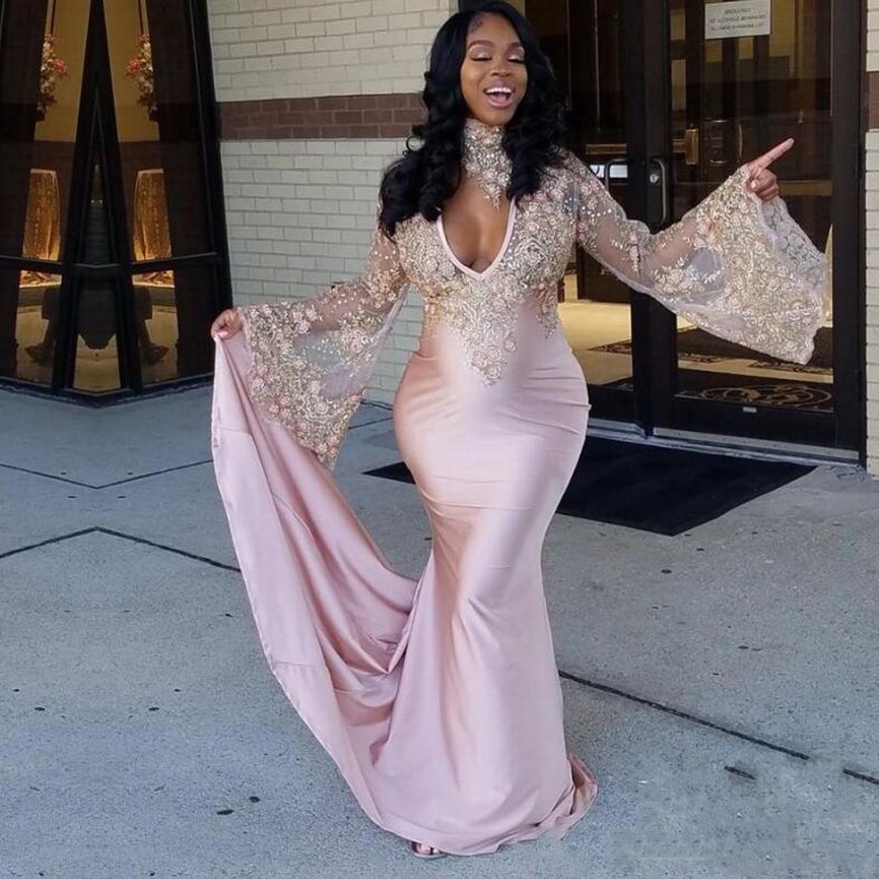 

South African Pink High Neck Prom Dresses Plus Size Deep V Neckline Sheer Long Trumpet Sleeves Evening Gowns Lace Appliques Long Party Dress, Chocolate