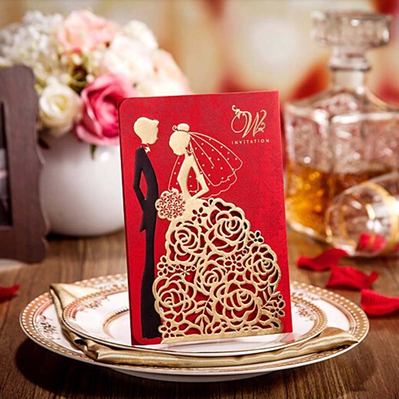 

Personalized Wedding Invitations Cards With Hollow Lace Gold Dress Bridal and Groom Laser Cut Party Cards, Red