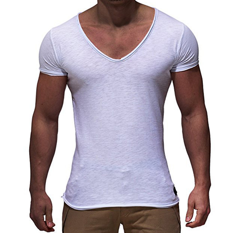 

Men Basic T-Shirt Solid V Neck Slim Fit Male Fashion T Shirts Short Sleeve Tops Tees 2018 Brand Male T-shirts Hot Sale, Lake blue