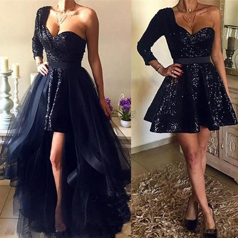 2019 Black Sequined A Line Short Prom Dresses with Tulle Detachable Train One Long Sleeve Party Evening Gowns