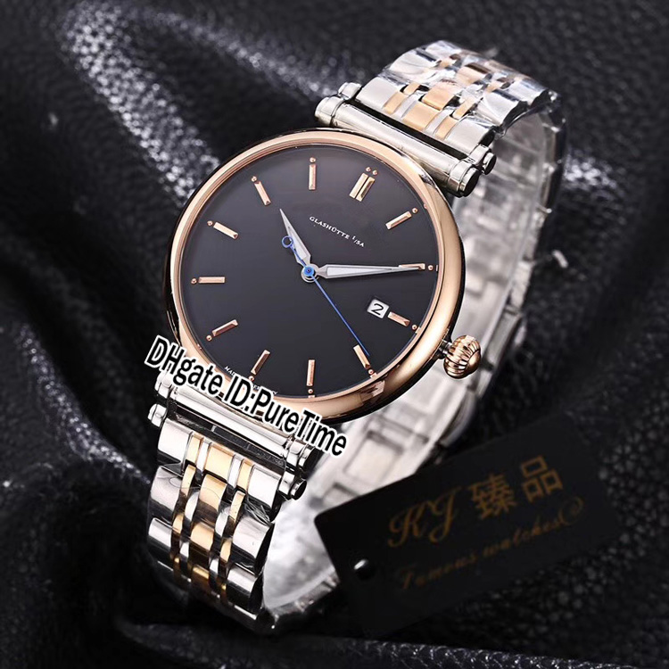 

New 40mm Saxony 215.026 Two Tone Black Dial Date Miyota 8215 Atuomatic Mens Watch Black Leather Strap Lang Germany Sports Watches 35b2, Al-b35a (4)