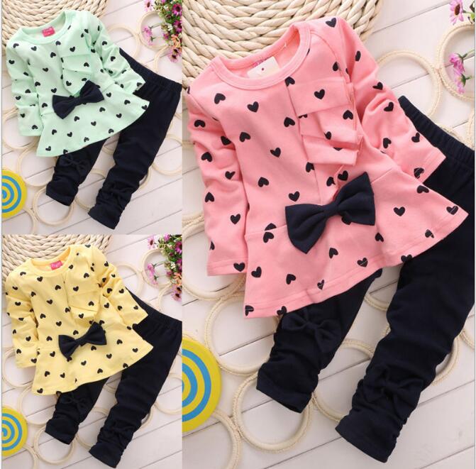 

New Arrival Spring Autumn Kids Baby Girl Heart-shaped 2PCS Clothes Outfits Tops Sweater + Pants 2-5 Years kids sets TO459, Grass green
