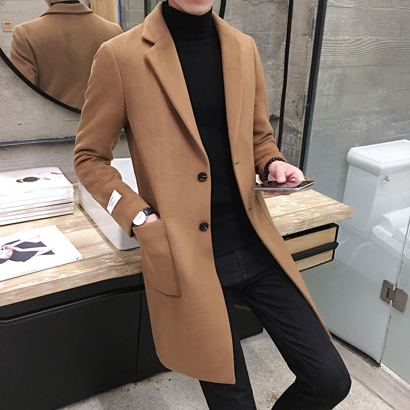 2019 Winter Men's Long Trench Jacket,Fashion men Solid Color Woolen Coat Woolen Coat ,High Quality Brand Lapel Wool Jackets Male