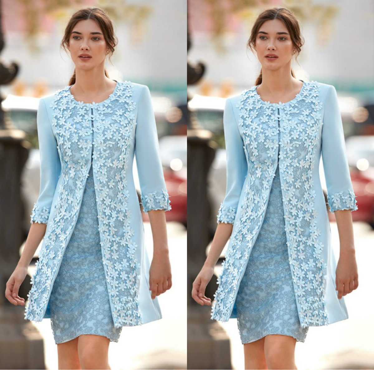 

Two Pieces Light Blue Mother Of Bride Dresses 3D Applique Jewel 3/4 Sleeve Knee Length Mother Dress Capped