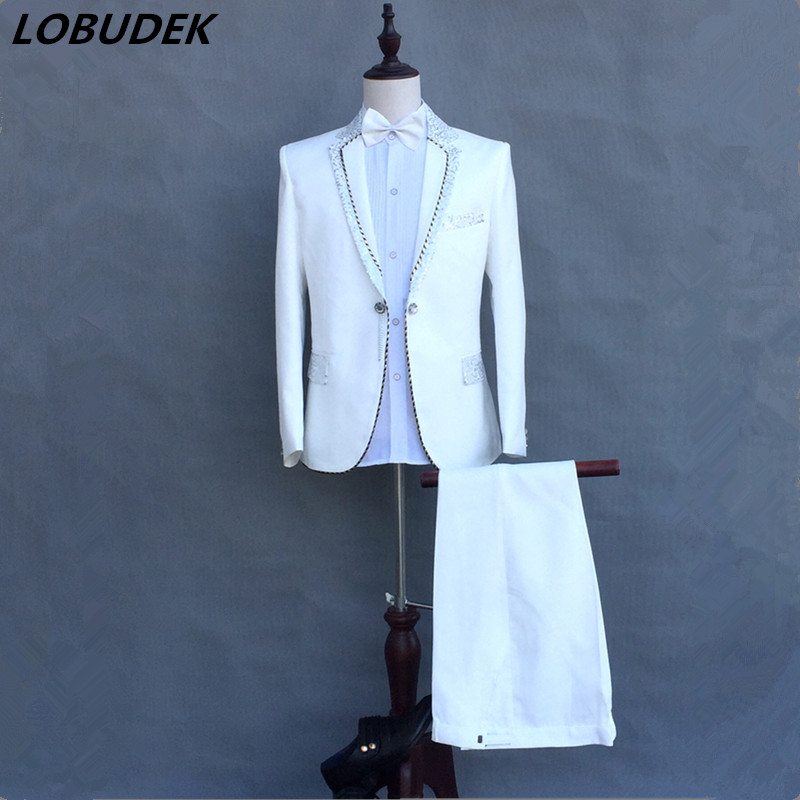 

(jacket+pants) Men slim suits Groom wedding dress flashing Sequins Blazers 2 piece sets stage performance Costumes Studio Host show outfits, White