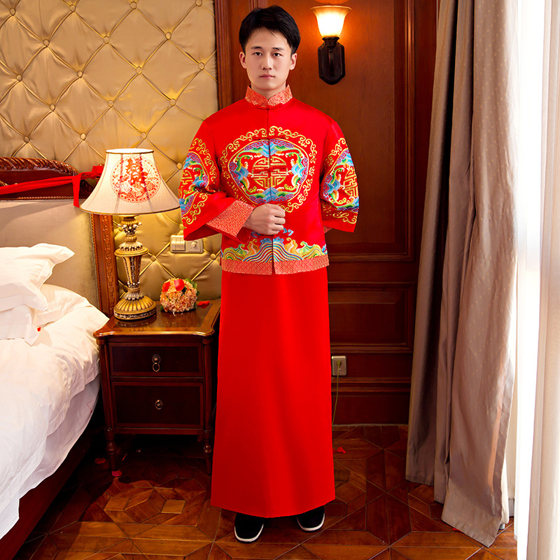 

Show mens chinese style wedding Gown red embroidery groom evening gown kimono jacket tang suit toast costumes pratensis clothing