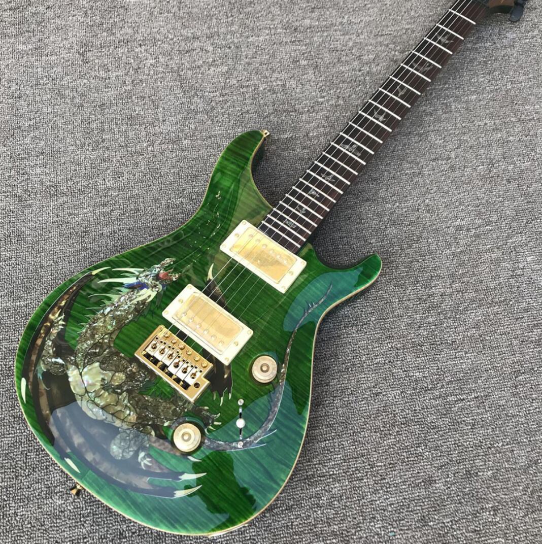 

1999 Private Stock Paul Reed Dragon 2000 Green Flame Maple Top Electric Guitar Abalone Birds Inlay,Double Locking Tremolo, Wood Body Binding