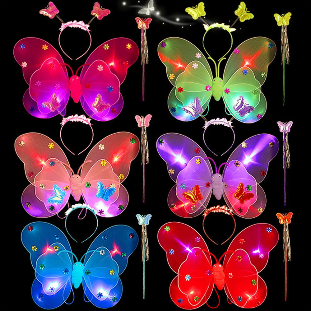 Fairy Girl Kids Butterfly Wings Wand Headband Tutu Skirt Party Costume Set