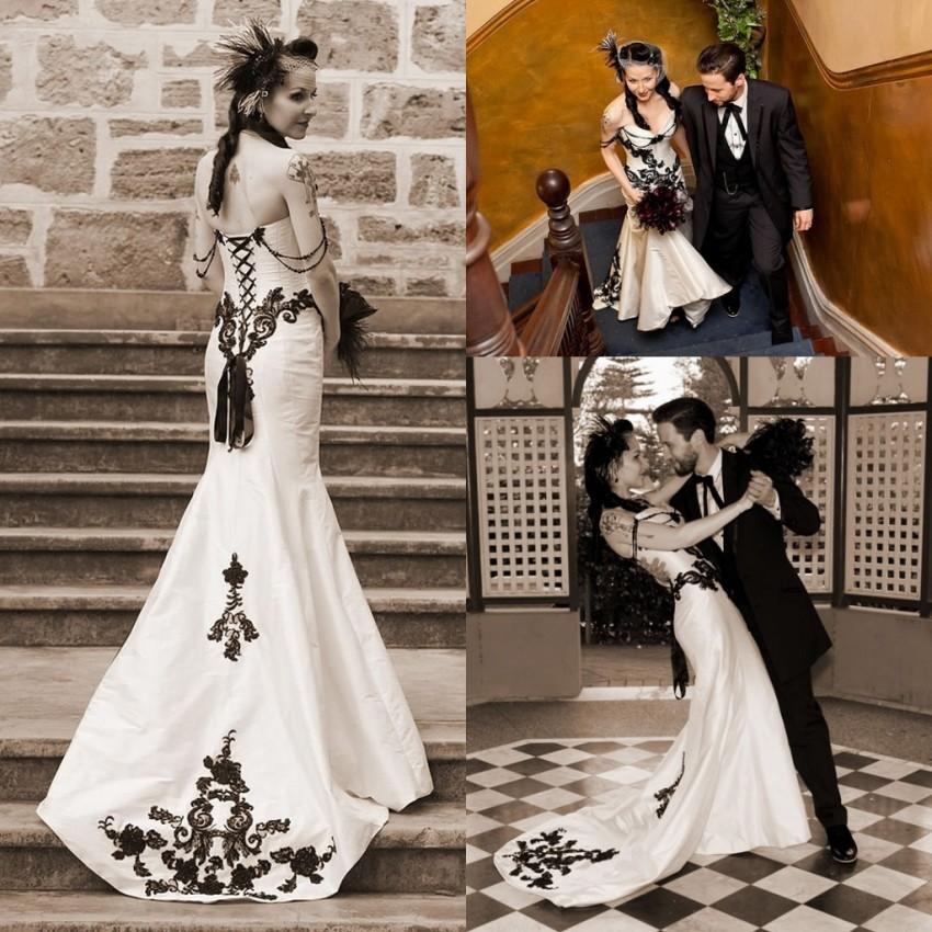 

2019 Elegant Chic Gothic Mermaid Wedding Dresses With Black applique beading robe de mariage Satin Garden long Bridal Gowns, Same as image