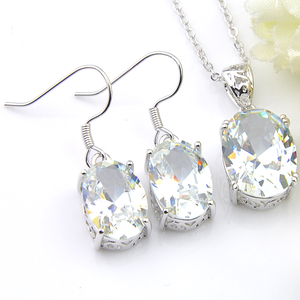

6 Sets Luckshine White Topaz Gems Oval 925 Silver Necklace Zircon Pendants Earring Sets USA Israel Wedding Engagement Weddings Jewelry Sets