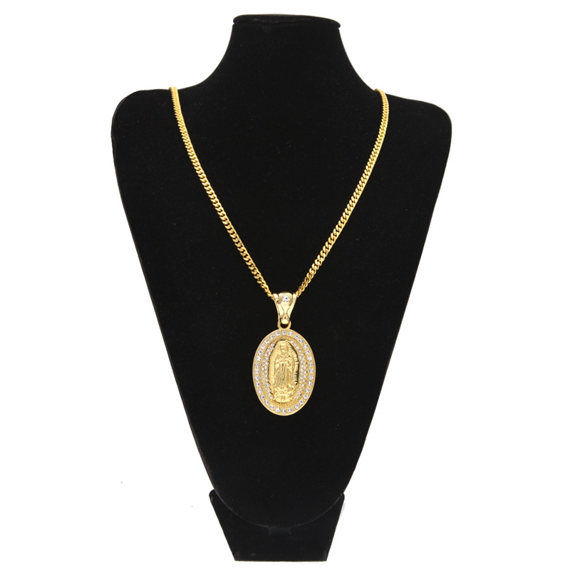

New Men's and Women's Hip Hop Jewelry Virgin Mary Oval Diamond Gold Plated Full Pendant Necklace