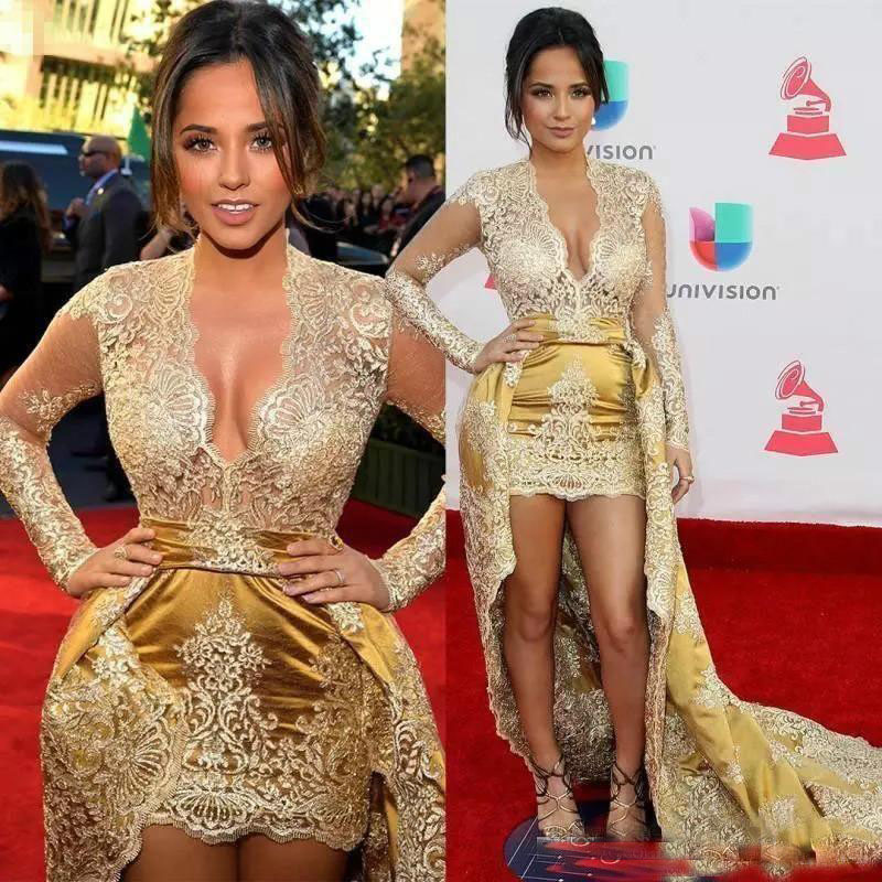 

Sexy V Neck Gold Applique Lace Prom Dresses With Detachable Train Sweep Arabic Girls Formal Evening Gowns Celebrity Clothing
