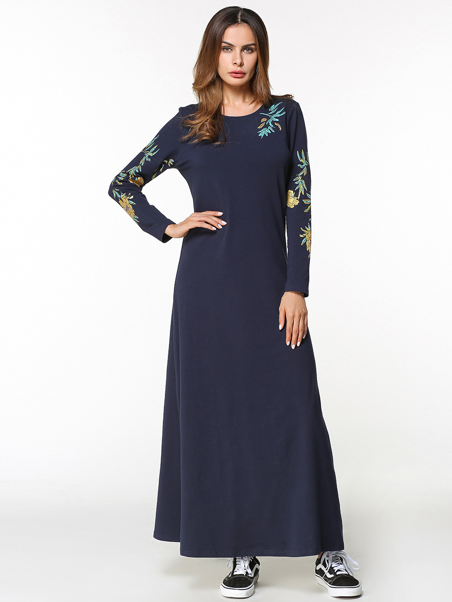 

2018 Spring New Middle East Muslim dress Women's Fashion Print Long Dress 3/4sleeve National style elegant Loose maxi Dress  L XL 2XL, Navy blue
