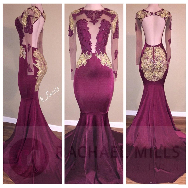 

2018 Sheer Long Sleeves Slim Burgundy Prom Dresses With Gold Lace Appliques Mermaid Sheer Backless Beaded Long Vestidos Evening Party Gowns, Dark green