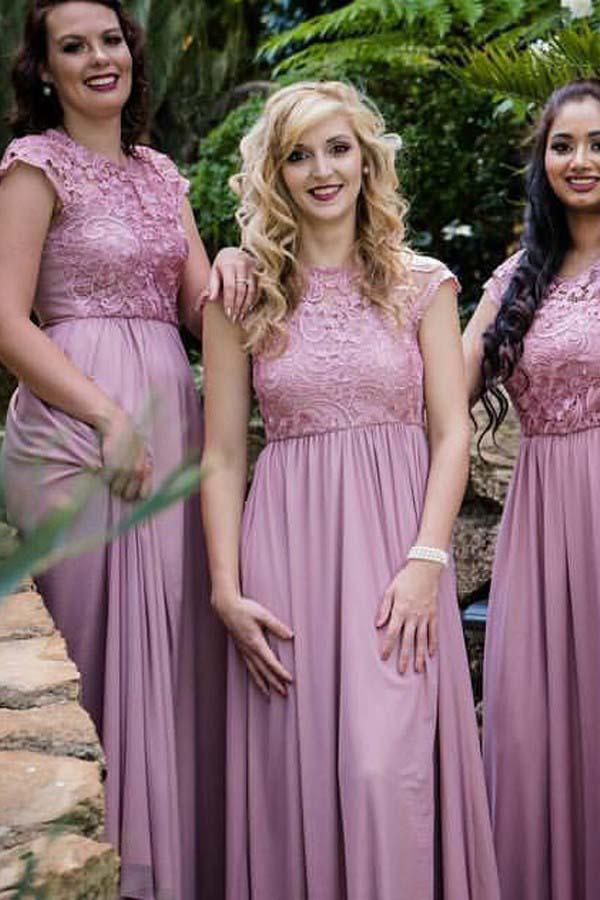 

Dusty Rose Lace Cheap Bridesmaid Dresses Long Country Style Short Sleeve Jewel Sheer Neck Chiffon Full length Prom Evening Formal Gowns