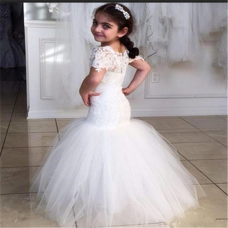 

Lace Mermaid Flower Girl Dresses New Floor Length Fashion Wedding Pageant Gowns Sheer Short Sleeve Tulle Birthday Party Dress For Girl, Chocolate