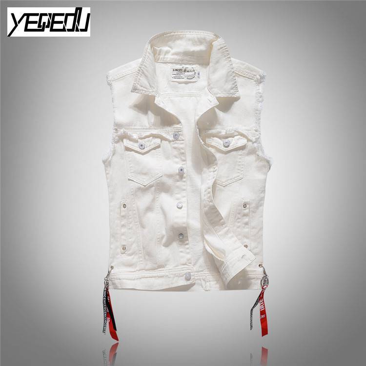 

#3409 2018 Punk Slim Fashion White denim vests men Sleeveless jean jacket men Streetwear Gilet homme Biker jeans vest -3XL