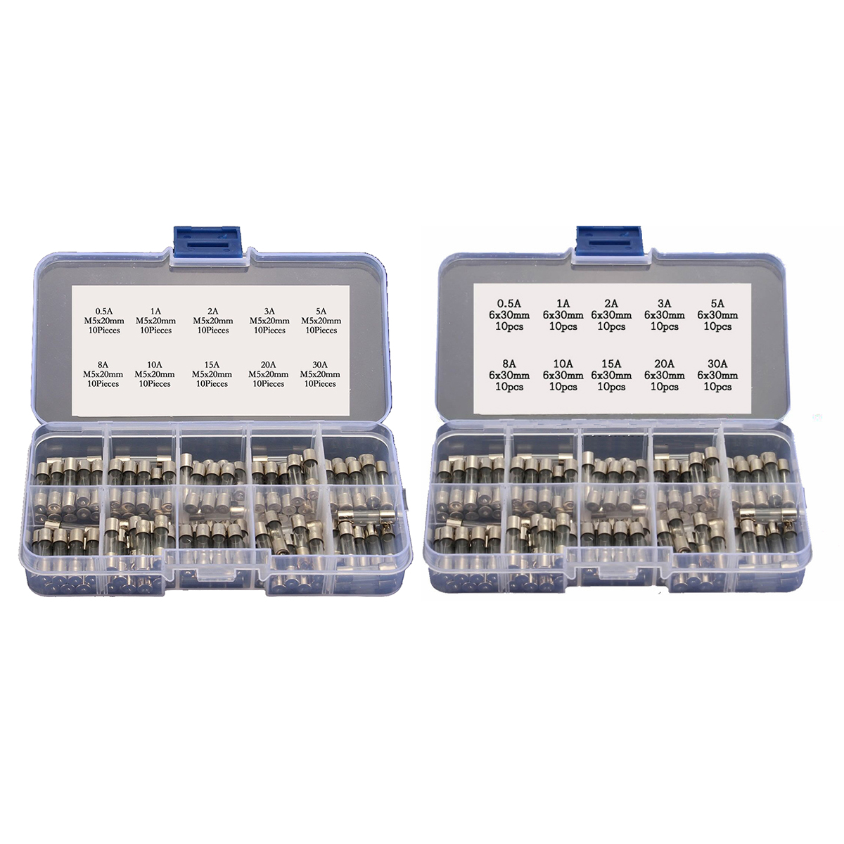 

200pcs 5x20mm 6x30mm Quick Blow Glass Tube Fuses Assortment Kit 0.5A - 30A 250V