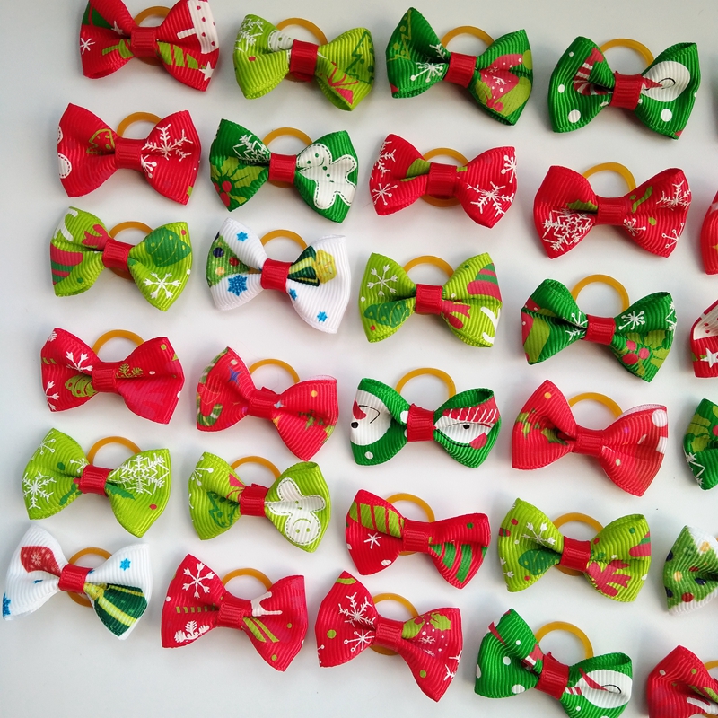 

100pcs New Dog Christmas Hair Bows Topknot  Bowknot with Rubber Bands Pet Grooming Products Mix Colors Pet Dog Xmas Hair Acce273p, Mix color