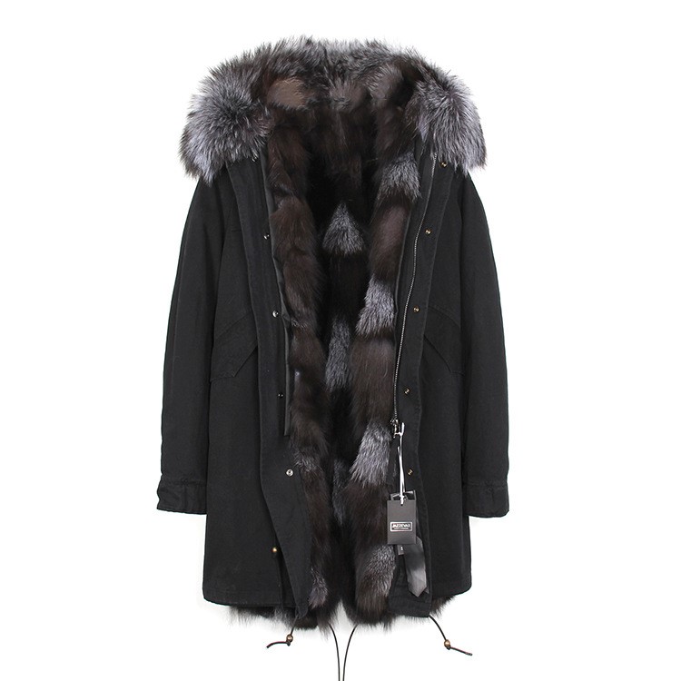 Classic Jazzevar silver fox fur trim women fur jacket silver fox fur lining black long parkas outdoor cold coats USA Germany
