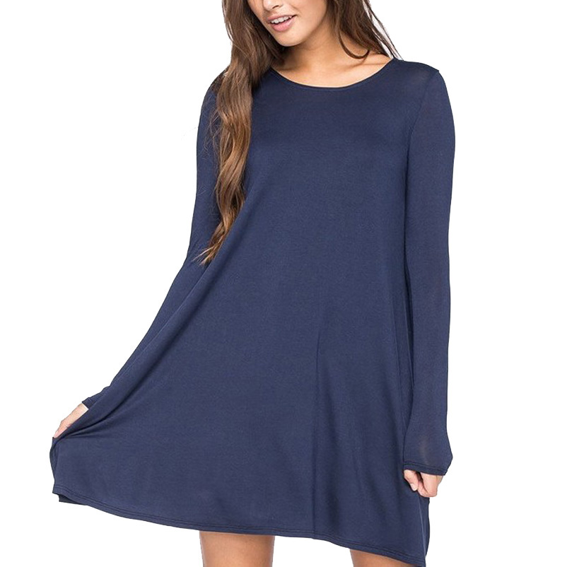 

2018 Spring Woman Cotton Dress Long Sleeve Casual Dress Elegant Ladies Loose Dresses Mini Vestidos Plus Size 3XL, Sapphire