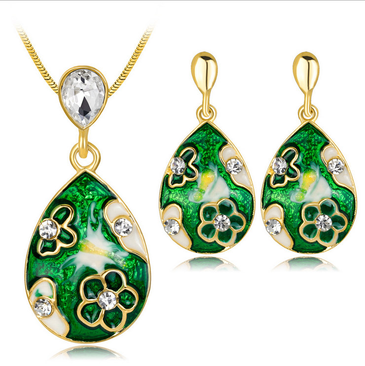 

Earrings Necklace 2-Piece Set Jewelry Fashion Women Vintage Rhinestone Color Painted Gold Plated Water Drop Style Party Jewelry Set