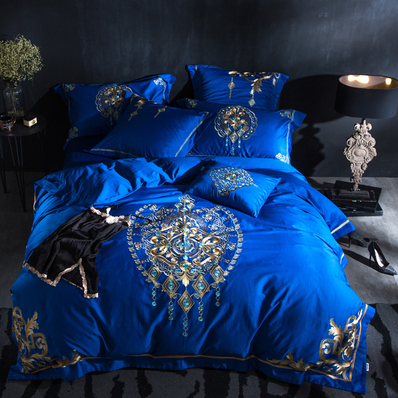 

Blue Egyptian Cotton Oriental Modern Bedding set  King size Embroidery Decorative bed duvet cover sheet set 38
