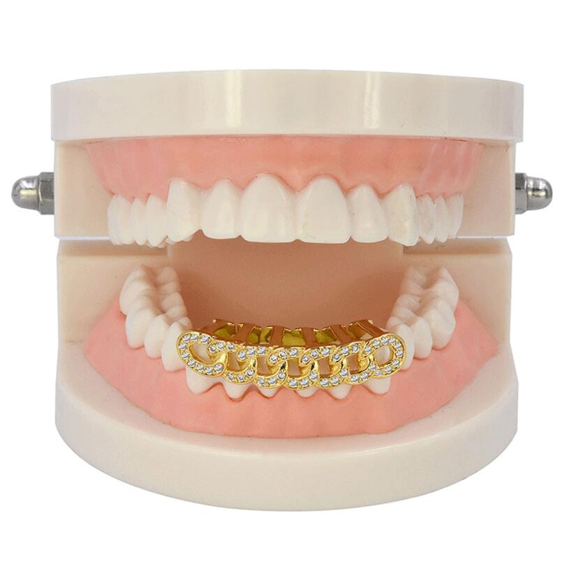 

18K Gold Plated Iced Out Brass Crystal Cuba Link Top Teeth Grillz Hip Hop Bling Body Jewelry