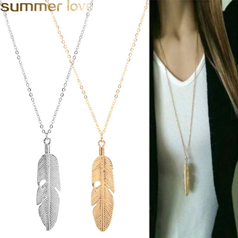 

Simple Classic Feather Pendant Necklaces Long Sweater Chain Statement Jewelry Choker Necklace for Women Girls