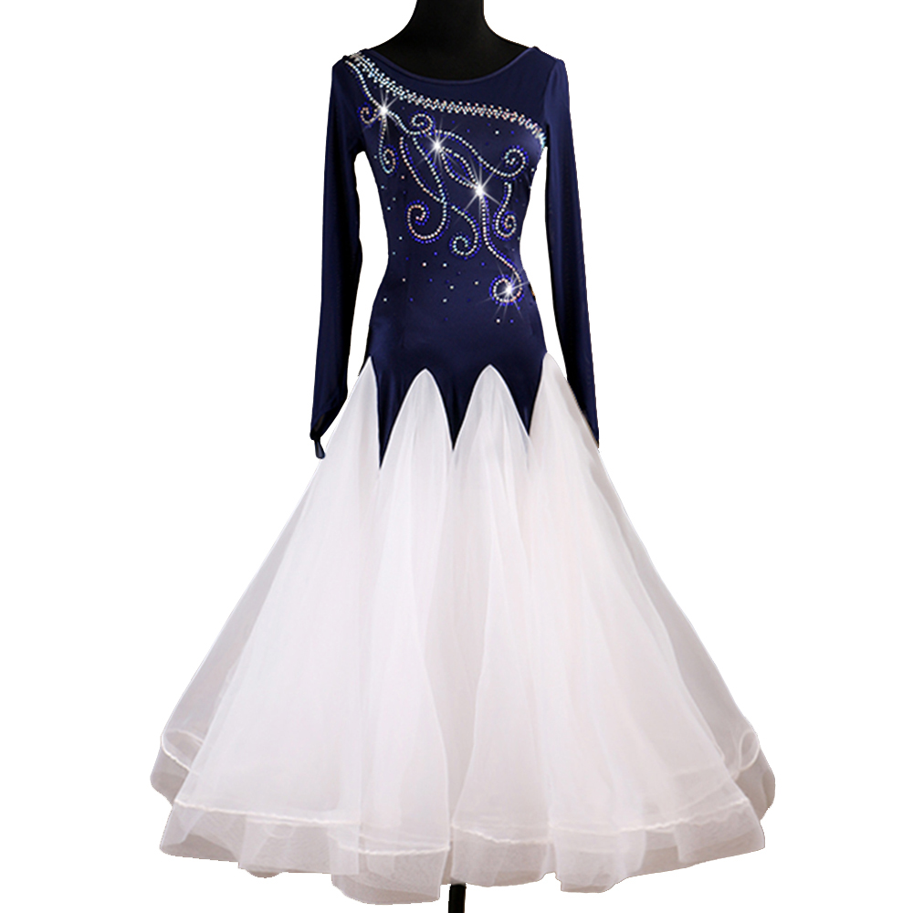 

Ballroom Waltz Dresses Competition Dress Dancing Outfits Ballroom Tango Dance Costumes D0442 Rhinestones Big Sheer Hem, Blue white