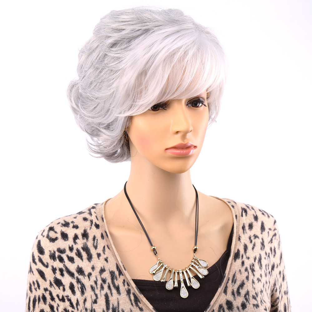 

Short Curly Wigs For Old Women White Gray Ombre Hair With Bangs Synthetic Hair full wig Cosplay, 8 inch