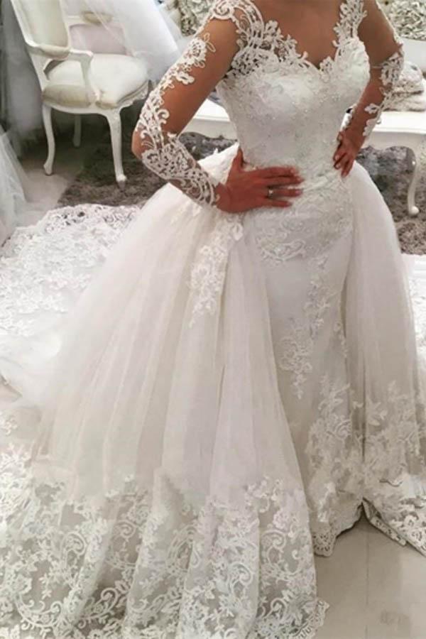 

Princess See Through V Neck Lace Sheath Wedding Dress with Detachable Train Long Sleeve Open Back Bridal Gown Custom Made Applique Romantic, Silver