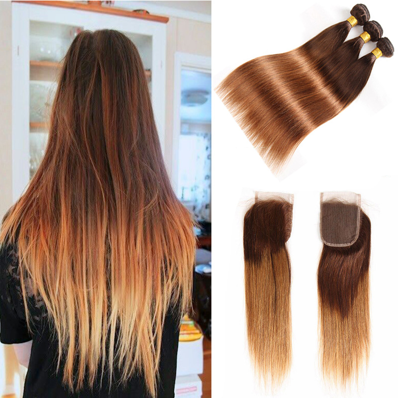 

Brazilian Ombre Straight Human Hair Bundles with Lace Closure Free Part Two Tone 4/30# Dark Brown Virgin Hair Weave with Closure, Ombre color