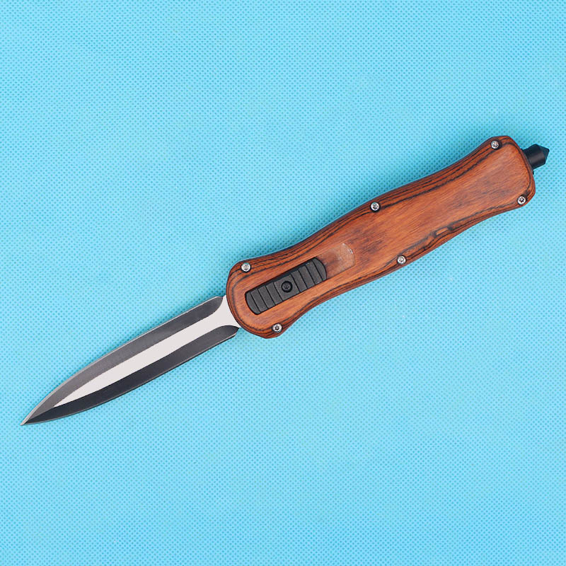 

1Pcs Butterfly A016 Auto Tactical Knife 440C Double Edge Fine Blade Brown Wood Handle Outdoor EDC Pocket Knives With Nylon Bag