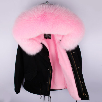 

maomaokong brand bigger grey fox fur trim hoody girl snow coats grey rabbit fur lining pink mini parkas, Choose the model