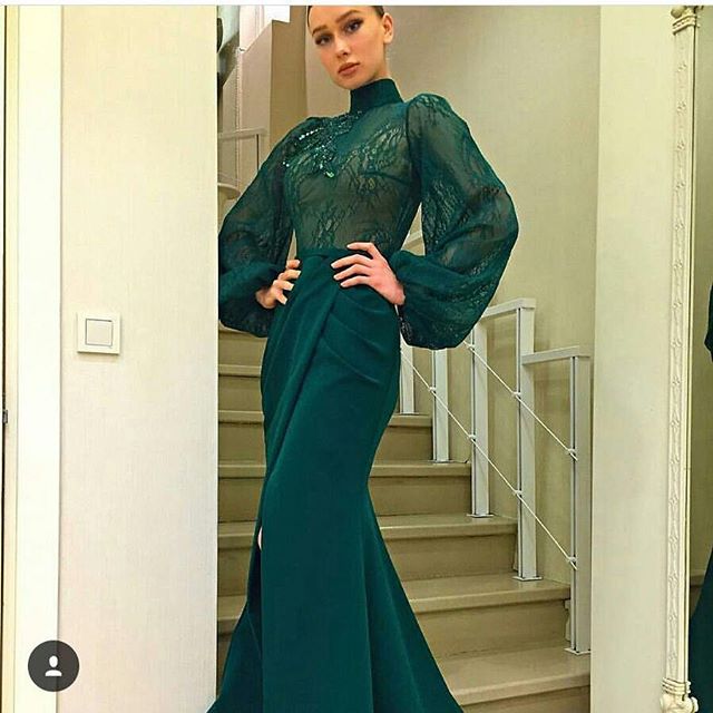 

2019 Dark Green Long Sleeve Prom Dresses High Neck Lace Chiffon Mermaid Front Split Dubai Style Arabic Formal Evening Dresses Custom Made, Champagne