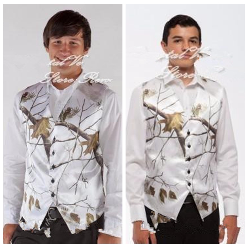 

Formal New White Real Tree Camo Men Vests With Bow Camouflage Groom Groomsman Vest Cheap Satin Custom Formal Wedding Vests Camouflage, Same as photos