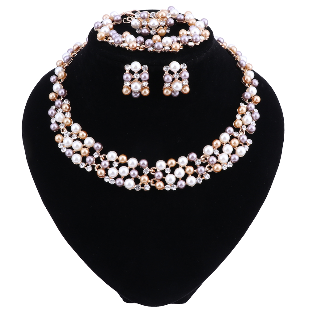

Gold Color Simulated Pearl Bride Wedding Jewelry Sets Crystal Necklace Earrings Bracelets Ring Sets Women Party Gift, Golden