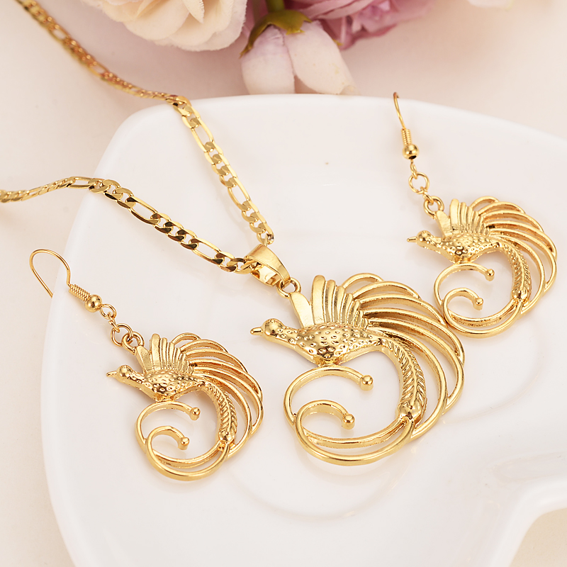 

Gold Color Bird of Paradise Pendant Necklaces and Earrings for Women,Papua New Guinea Jewelry PNG National Style, Black