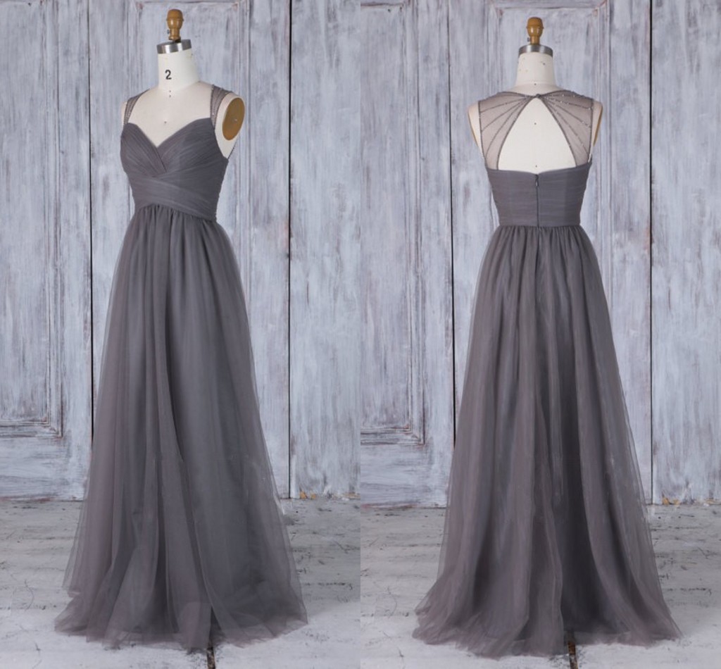 

2018 Delicate Tulle Gray Bridesmaid Dresses Sheer Straps Beading Pleats Floor Length Dark Gray Bridesmaid Gowns