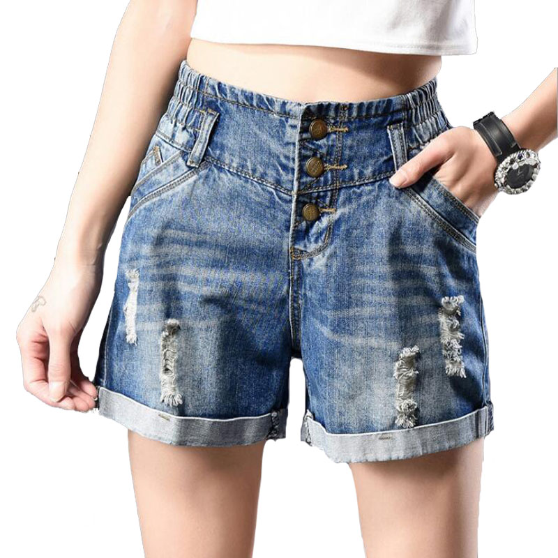 

Washed Casual Shorts Womens Plus Size Summer New Cuffs Hole loose High Waisted Denim Shorts Korean Elastic Waist Bleached Ripped, Blue