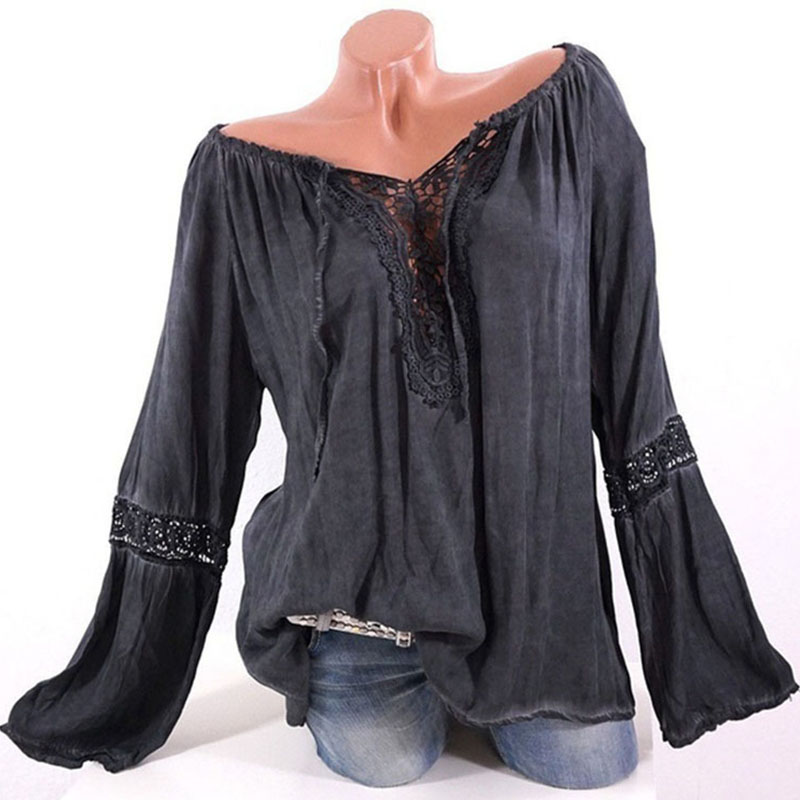 5xl plus size Hollow out lace blouse off the shoulde Puff long sleeve pink shirt fall fashion Lace up Patchwork Solid ladies top